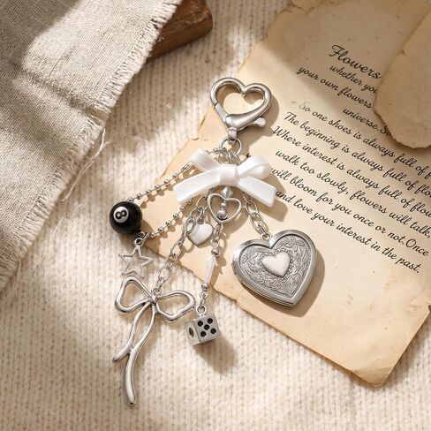 Cute Heart Locket Keychain, Kawaii Photo Key Chain, Silver Bag Chain Y2K Bag Charm, Bow 8 Ball Star Dice Aesthetic Accessories for Women Gifts in Saudi Arabia