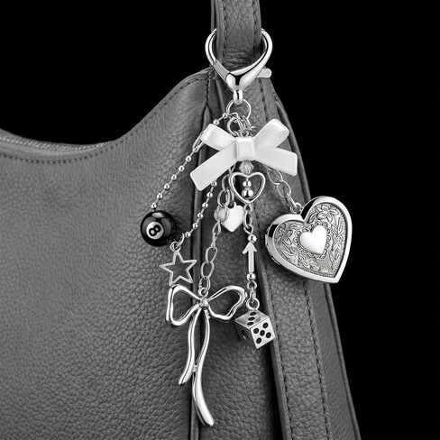 Cute Heart Locket Keychain, Kawaii Photo Key Chain, Silver Bag Chain Y2K Bag Charm, Bow 8 Ball Star Dice Aesthetic Accessories for Women Gifts in Saudi Arabia