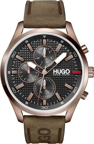 HUGO #Chase Men's Multifunction Stainless Steel and Leather Strap Casual Watch, Color: Brown (Model: 1530162) in Kuwait
