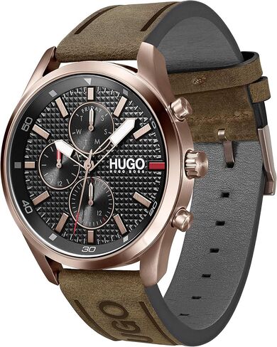 HUGO #Chase Men's Multifunction Stainless Steel and Leather Strap Casual Watch, Color: Brown (Model: 1530162) in Kuwait