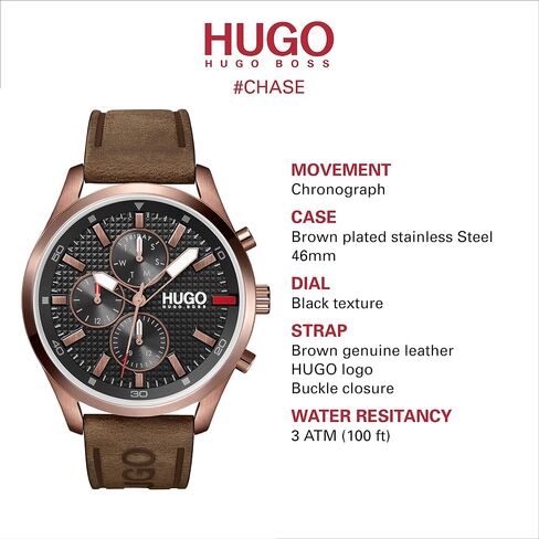 HUGO #Chase Men's Multifunction Stainless Steel and Leather Strap Casual Watch, Color: Brown (Model: 1530162) in Kuwait