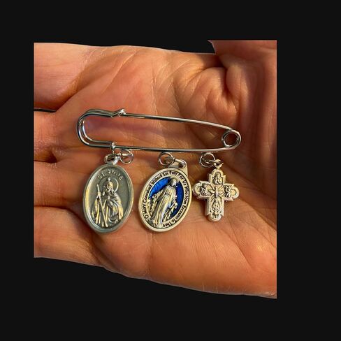 Safety Pin Brooch with Miraculous Medal St. Jude Medal and Four Way Cross – Catholic Religious Pin in Saudi Arabia