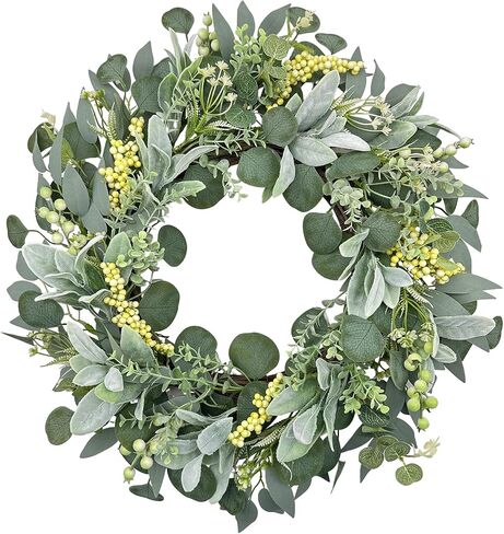 22 Inch Artificial Eucalyptus Wreath for Front Door, Greenery Wreath with Berries, Boxwood & Lamb's Ear Leaves, Farmhouse All Seasons Indoor Outdoor Wall Window Decor in Saudi Arabia