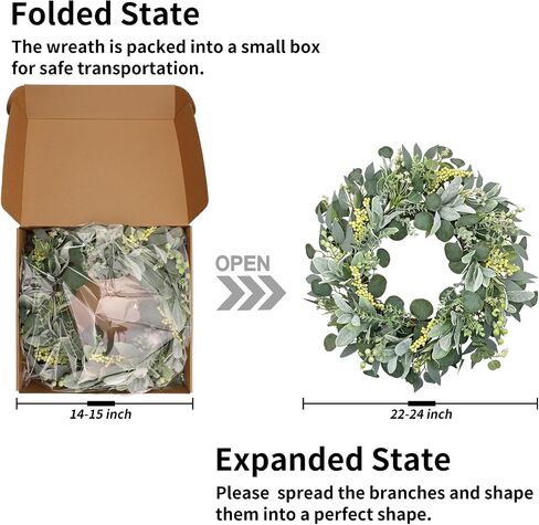 22 Inch Artificial Eucalyptus Wreath for Front Door, Greenery Wreath with Berries, Boxwood & Lamb's Ear Leaves, Farmhouse All Seasons Indoor Outdoor Wall Window Decor in Saudi Arabia