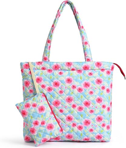 Floral Quilted Tote Bag with Zipper, Quilted Puffer Bag for Women, Designer Carryall Cotton Tote w/Detachable Pouch in Saudi Arabia