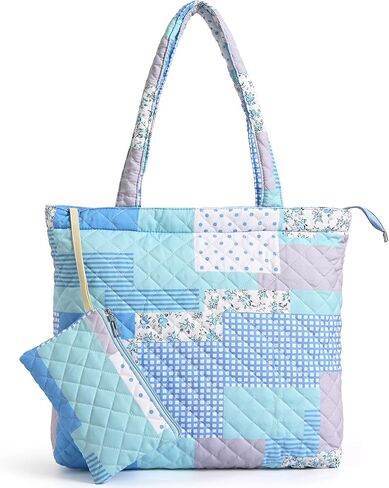 Floral Quilted Tote Bag with Zipper, Quilted Puffer Bag for Women, Designer Carryall Cotton Tote w/Detachable Pouch in Kuwait