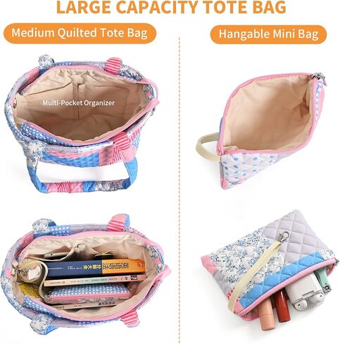Floral Quilted Tote Bag with Zipper, Quilted Puffer Bag for Women, Designer Carryall Cotton Tote w/Detachable Pouch in Kuwait
