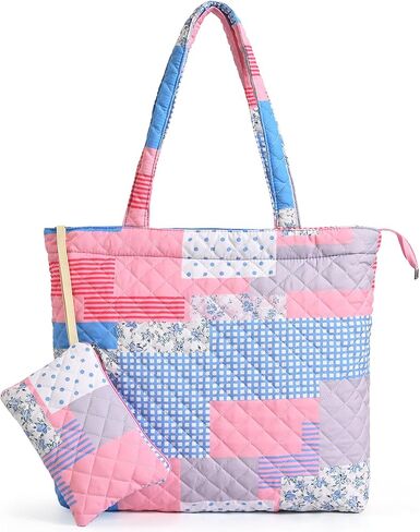 Floral Quilted Tote Bag with Zipper, Quilted Puffer Bag for Women, Designer Carryall Cotton Tote w/Detachable Pouch in Kuwait