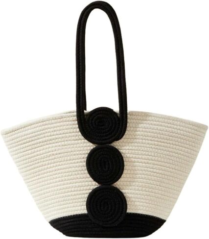Elegant Cotton Rope Woven Shoulder Tote Bag Women’s Stylish Color Block Summer Beach Top Handle Purses Spiral Accents in Saudi Arabia