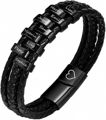 Gamtic Personalized Leather Bracelets Gift for Dad - with Jewelry Box,Customized Names Beads Family Bracelets, Father's DayThanksgiving for Dad Grandpa Uncle Husband in Kuwait
