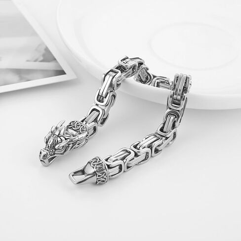 سوار سلسلة بيزنطية من الفولاذ المقاوم للصدأ للرجال من HZMAN، سوار سلسلة بتصميم رأس التنين العتيق، سوار معصم على طراز الشرير للارتداء اليومي والهدايا (الطول 8.59 بوصة) in Kuwait