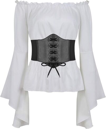 Halloween Women Renaissance Blouse Tops with Corset Waist Belt Medieval Victorian Off Shoulder Top Pirate Costume in Saudi Arabia