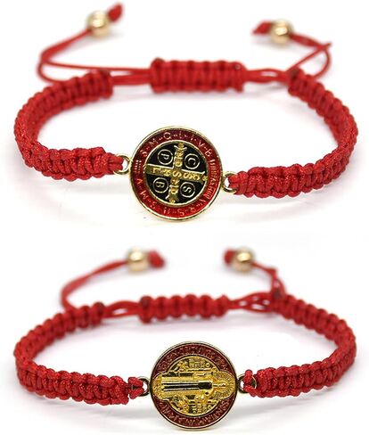 2Pcs Handmade 7 Knots Cross Saint Benedict Medal Bracelet Set Handwoven Red Cord String San Benito Bracelet for Women Men Adjustable Braided Rope Amulet Protection Jewelry Religious Gift in Kuwait