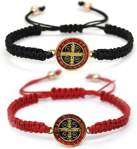 2Pcs Handmade 7 Knots Cross Saint Benedict Medal Bracelet Set Handwoven Red Cord String San Benito Bracelet for Women Men Adjustable Braided Rope Amulet Protection Jewelry Religious Gift in Kuwait