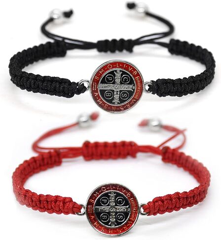 2Pcs Handmade 7 Knots Cross Saint Benedict Medal Bracelet Set Handwoven Red Cord String San Benito Bracelet for Women Men Adjustable Braided Rope Amulet Protection Jewelry Religious Gift in Kuwait