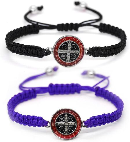 2Pcs Handmade 7 Knots Cross Saint Benedict Medal Bracelet Set Handwoven Red Cord String San Benito Bracelet for Women Men Adjustable Braided Rope Amulet Protection Jewelry Religious Gift in Kuwait