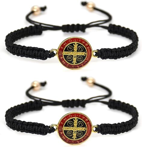 2Pcs Handmade 7 Knots Cross Saint Benedict Medal Bracelet Set Handwoven Red Cord String San Benito Bracelet for Women Men Adjustable Braided Rope Amulet Protection Jewelry Religious Gift in Kuwait