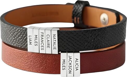 Personalized Leather Bracelet with Custom Engraved Name Beads – Up to 10 Kids’ Names – Bracelet for Men – Custom Family Name Jewelry Gift for Dad, Husband – Gold or Silver Beads in Kuwait
