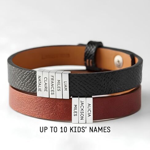 Personalized Leather Bracelet with Custom Engraved Name Beads – Up to 10 Kids’ Names – Bracelet for Men – Custom Family Name Jewelry Gift for Dad, Husband – Gold or Silver Beads in Kuwait