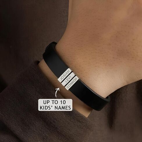Personalized Leather Bracelet with Custom Engraved Name Beads – Up to 10 Kids’ Names – Bracelet for Men – Custom Family Name Jewelry Gift for Dad, Husband – Gold or Silver Beads in Kuwait