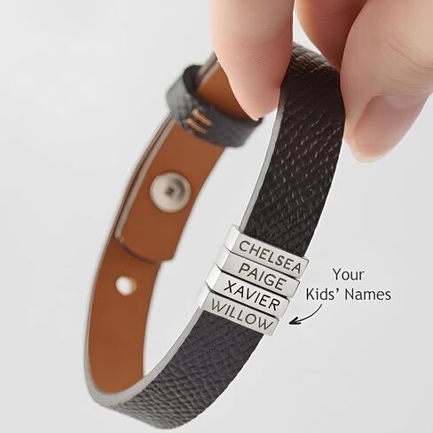 Personalized Leather Bracelet with Custom Engraved Name Beads – Up to 10 Kids’ Names – Bracelet for Men – Custom Family Name Jewelry Gift for Dad, Husband – Gold or Silver Beads in Kuwait