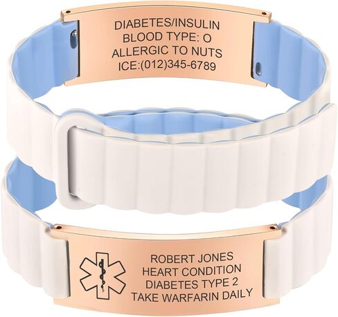 MEALGUET (Price Including Tax) Comfortable Medical ID Bracelet for Men & Women - Custom Engraved Silicone Strap Medical Alert Bracelets,Adjustable Waterproof Customizable ID Wristband,White blue in Kuwait