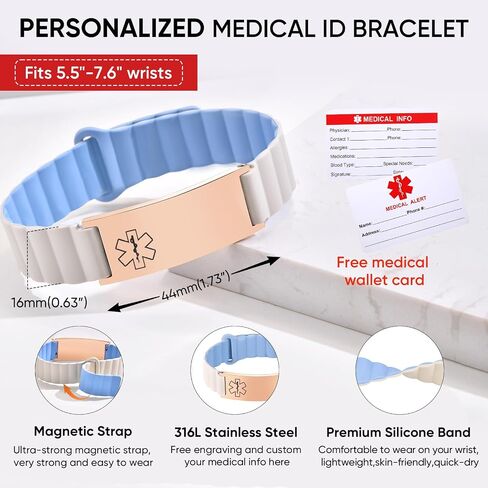 MEALGUET (Price Including Tax) Comfortable Medical ID Bracelet for Men & Women - Custom Engraved Silicone Strap Medical Alert Bracelets,Adjustable Waterproof Customizable ID Wristband,White blue in Kuwait