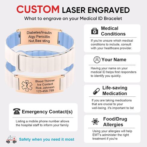MEALGUET (Price Including Tax) Comfortable Medical ID Bracelet for Men & Women - Custom Engraved Silicone Strap Medical Alert Bracelets,Adjustable Waterproof Customizable ID Wristband,White blue in Kuwait