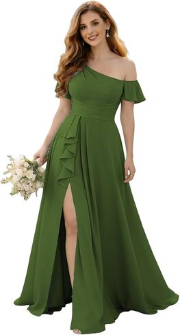 Women's One Shoulder Bridesmaid Dresses Long Chiffon Flutter Sleeve Formal Evening Dress for Wedding DK040 in Saudi Arabia