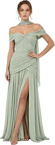 Pleated Chiffon Bridesmaid Dress with Scarf Off Shoulder High Slit Formal Wedding Guest Long Dress in Saudi Arabia