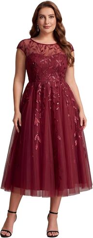 Ever-Pretty Plus Women's Round Neck Cap Sleeve Plus Size Wedding Guest Dress Midi Sequin Semi Formal Cocktail Dresses in Kuwait