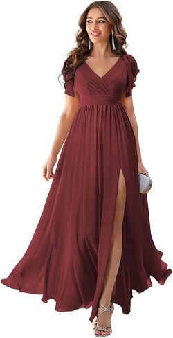 Women's V Neck Chiffon Bridesmaid Dresses with Flutter Sleeves High Slit Pleated Formal Dress with Pockets DK002 in Saudi Arabia