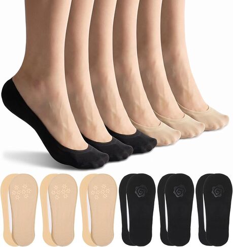 No Show Dress Socks for Women, 6 Pairs Ultra Low Cut No Show Socks Women Flats, Nylon Thin Liner Footies (Black & Nude, 8.1 x 3.3 In) in Kuwait
