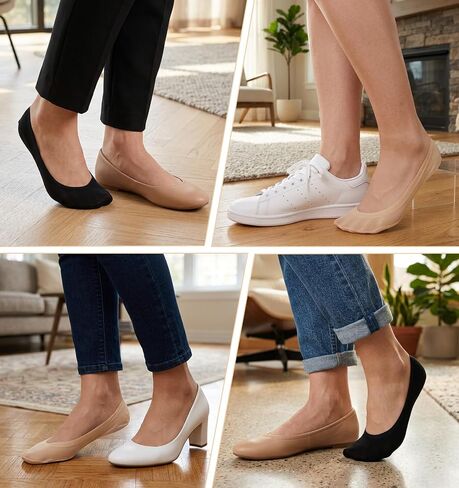 No Show Dress Socks for Women, 6 Pairs Ultra Low Cut No Show Socks Women Flats, Nylon Thin Liner Footies (Black & Nude, 8.1 x 3.3 In) in Kuwait