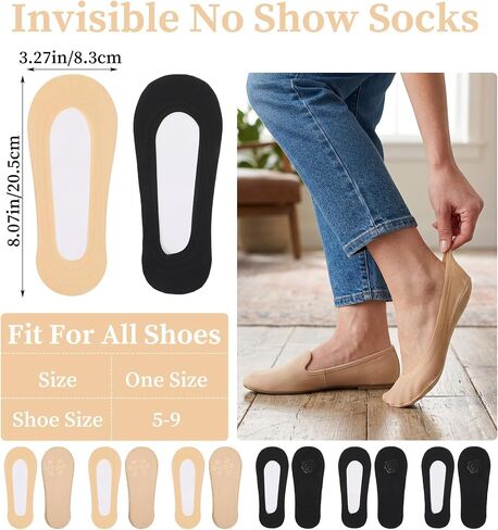 No Show Dress Socks for Women, 6 Pairs Ultra Low Cut No Show Socks Women Flats, Nylon Thin Liner Footies (Black & Nude, 8.1 x 3.3 In) in Kuwait