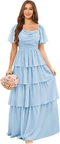 Chiffon Short Sleeve Bridesmaid Dresses for Women 2026 Long Ruched A Line Tiered Formal Evening Dress in Saudi Arabia