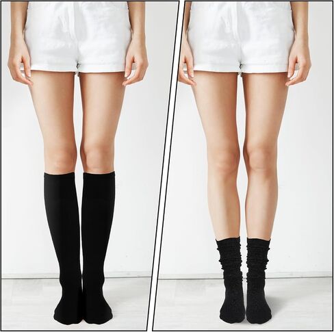 Skrfren Women's Knee High Socks Black, Knee Socks Cotton Tall Sock Long Tube Boot Sock Women's Knees High Athleticsock, Thin Cotton Blend Trouser BootSock for Casual Outdoor Sport, Black in Kuwait