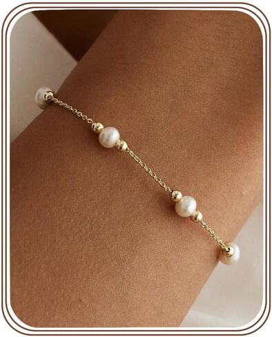 Gold Pearl Bracelets for Women Trendy Stainless Steel Non Tarnish Bracelet 18k Gold Plated Dainty Pearl Beaded Bracelets Wedding Bridesmaid Gold Jewelry Gifts Her in Saudi Arabia