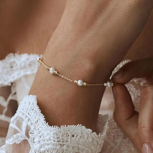 Gold Pearl Bracelets for Women Trendy Stainless Steel Non Tarnish Bracelet 18k Gold Plated Dainty Pearl Beaded Bracelets Wedding Bridesmaid Gold Jewelry Gifts Her in Saudi Arabia
