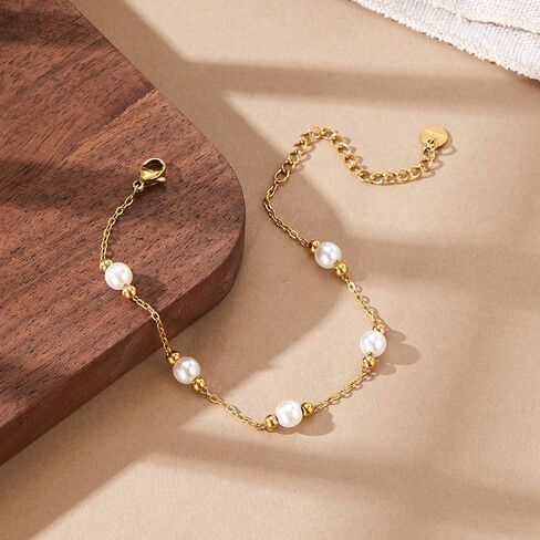 Gold Pearl Bracelets for Women Trendy Stainless Steel Non Tarnish Bracelet 18k Gold Plated Dainty Pearl Beaded Bracelets Wedding Bridesmaid Gold Jewelry Gifts Her in Saudi Arabia