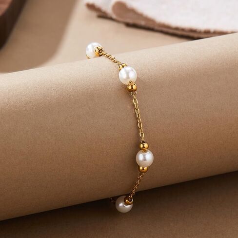 Gold Pearl Bracelets for Women Trendy Stainless Steel Non Tarnish Bracelet 18k Gold Plated Dainty Pearl Beaded Bracelets Wedding Bridesmaid Gold Jewelry Gifts Her in Saudi Arabia