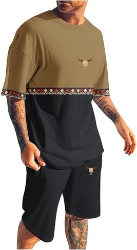 Mens 2 Piece Outfits Short Sleeve Western Graphic Colorblock Crewneck T-Shirt and Elastic Waist Shorts Set Vintage S-4XL in Kuwait