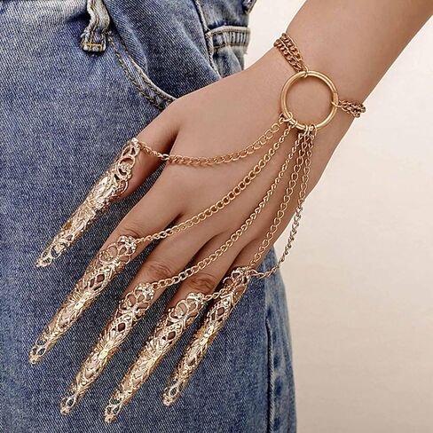 Punk Finger Claw Chain Bracelet Long Finger Tip Ring Bracelet Gold Hand Chain Bracelet with Finger Nail Claw Vintage Slave Hand Harness Bracelet Costume Jewelry for Women in Saudi Arabia