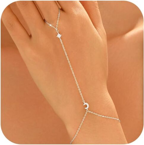 925 Sterling Silver Crescent Hand Chain Bracelet for Women, 14k Gold Plated White CZ Starburst Ring Bracelets Hand Chain Dainty Diamond Moon Star Stackable Link Chain Trendy Body Summer Jewelry Wedding Gift in Saudi Arabia