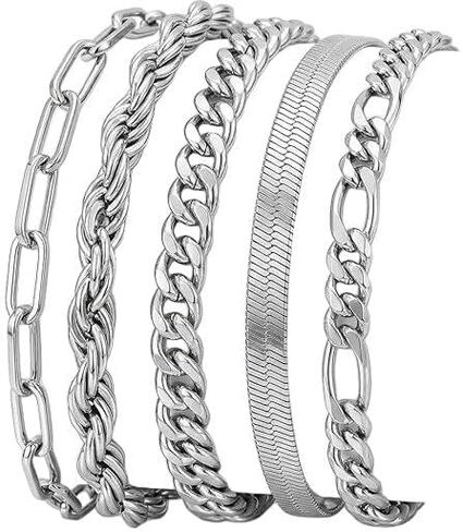 Silver-Tone Stackable Chain Bracelet Set for Women - 5-Piece Multi-Style Link Jewelry, Adjustable Layering Accent Accessory in Saudi Arabia