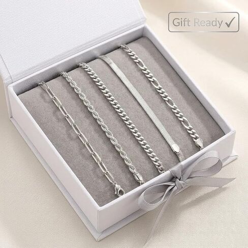 Silver-Tone Stackable Chain Bracelet Set for Women - 5-Piece Multi-Style Link Jewelry, Adjustable Layering Accent Accessory in Saudi Arabia