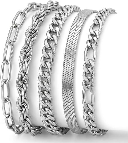 Silver-Tone Stackable Chain Bracelet Set for Women - 5-Piece Multi-Style Link Jewelry, Adjustable Layering Accent Accessory in Saudi Arabia