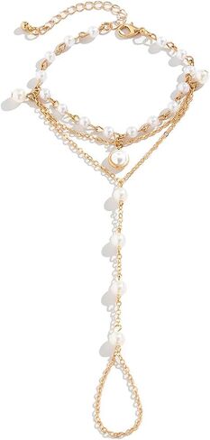 Dainty Gold Pearl Ring Hand Chain Bracelet for Women Vintage Bohemian Statement Bead Slave Bracelet Trendy Valentine Day Jewelry Accessories Gift in Saudi Arabia