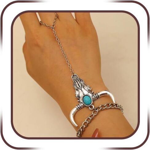 Boho Turquoise Cow's Head Bracelet Ring, Retro Silver Hand Chain Cow Bracelets Rings for Women Edgy Western Cowboy Cowgirl Statement Party Jewelry Gift in Saudi Arabia