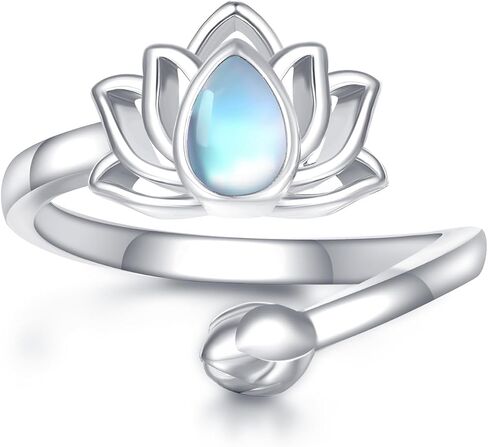 Lotus Ring 18K White Gold Plated Moonstone Just Breathe Encouragement Flower Adjustable Ring Lotus Jewelry Gifts for Women Mom in Saudi Arabia